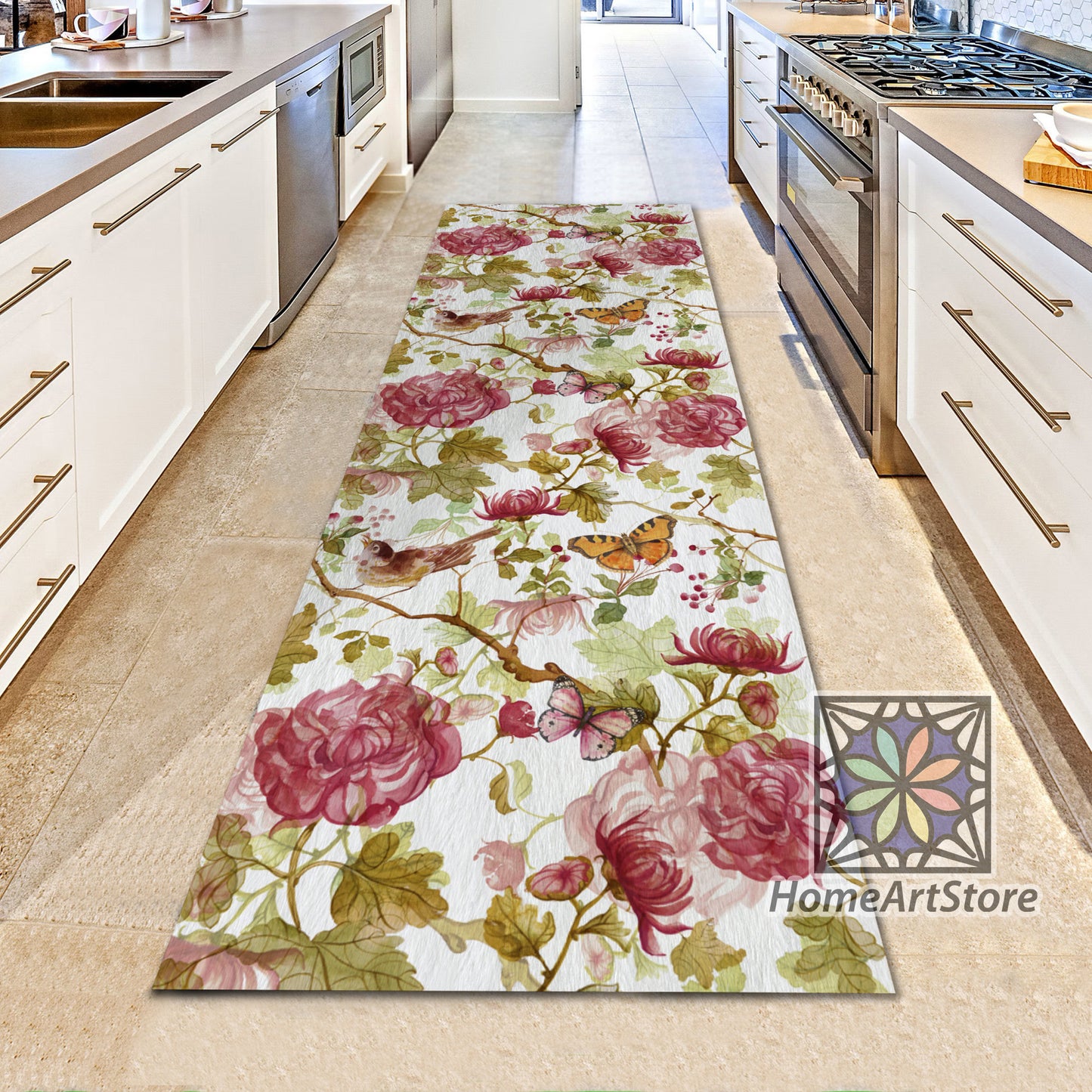 Red Flowers Pattern Runner Rug, Butterfly Themed Carpet, Modern Floral Runner Rug, Boho Decor