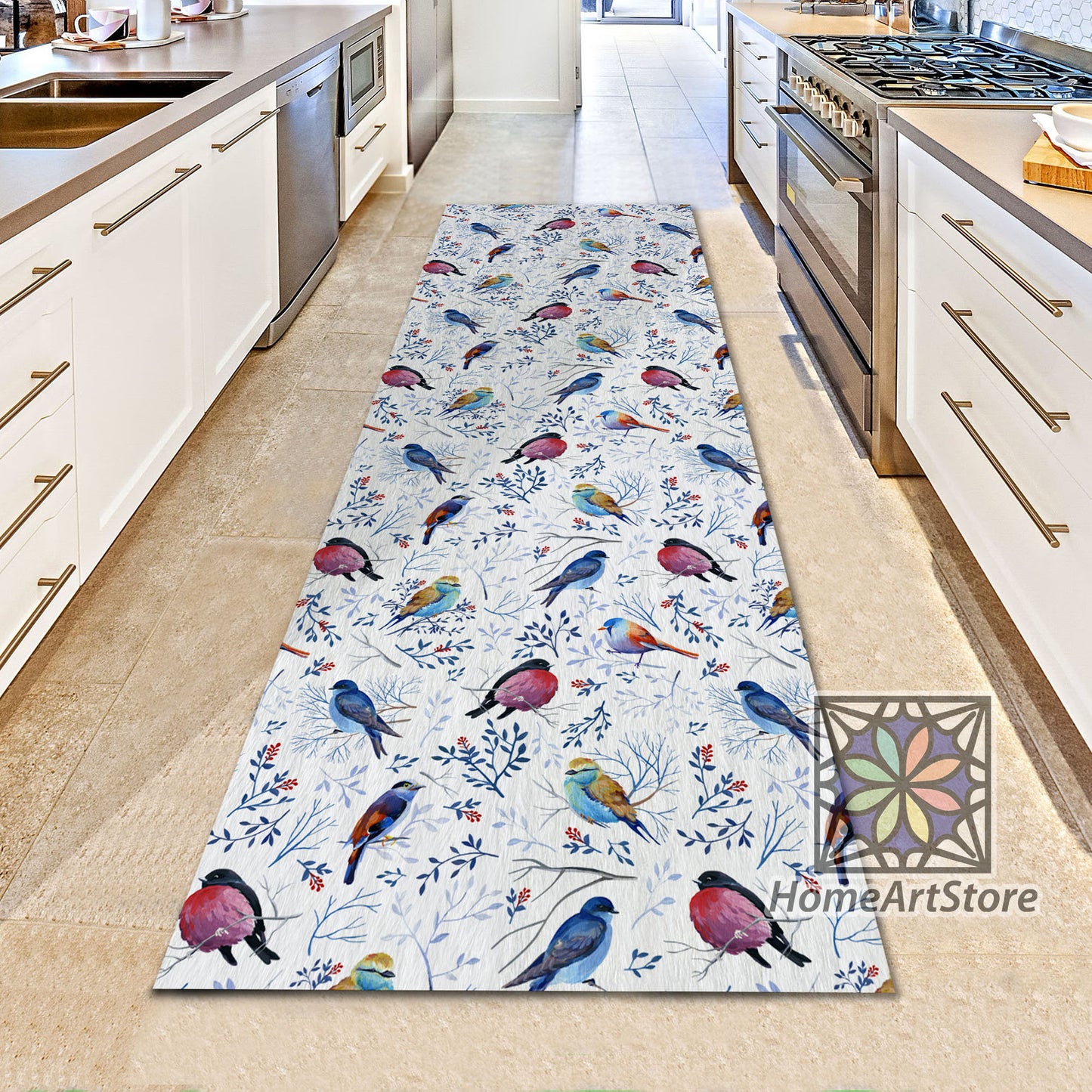 Birds and Leaves Pattern Runner Rug, Kitchen Runner Mat, Animal Hallway Runner Rug, Gift for Her