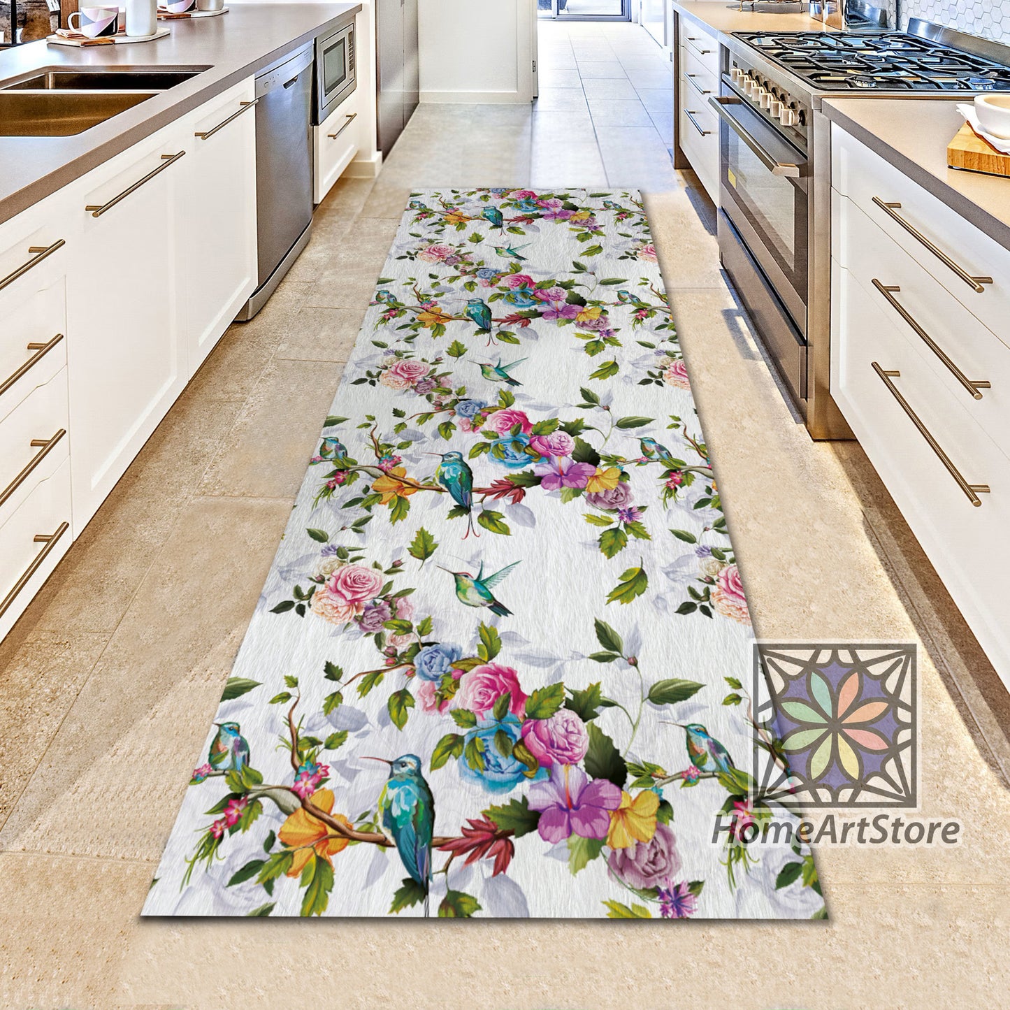 Colorful Flower Pattern Rug, Humming Bird Carpet, Roses Themed Runner Mat, Peony Carpet, Bohemian Decor