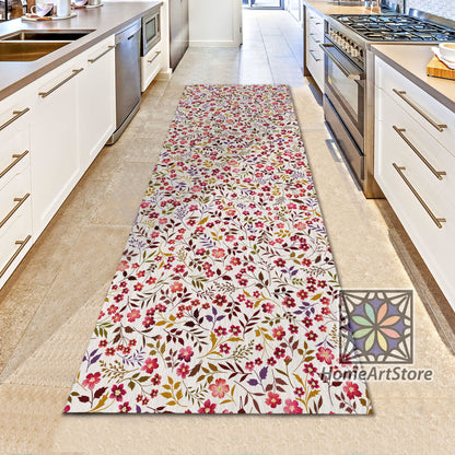 Red Meadow Flower Runner Rug, Boho Runner Carpet, Kitchen Runner Mat, Floral Hallway Rug