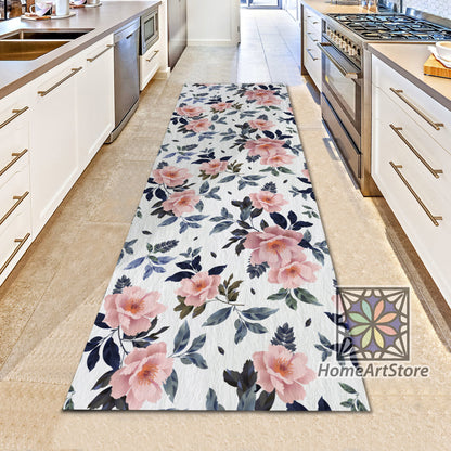 Pastel Color Floral Runner Rug, Pink Flower Carpet, Hallway Runner Mat, Housewarming Gift for Her