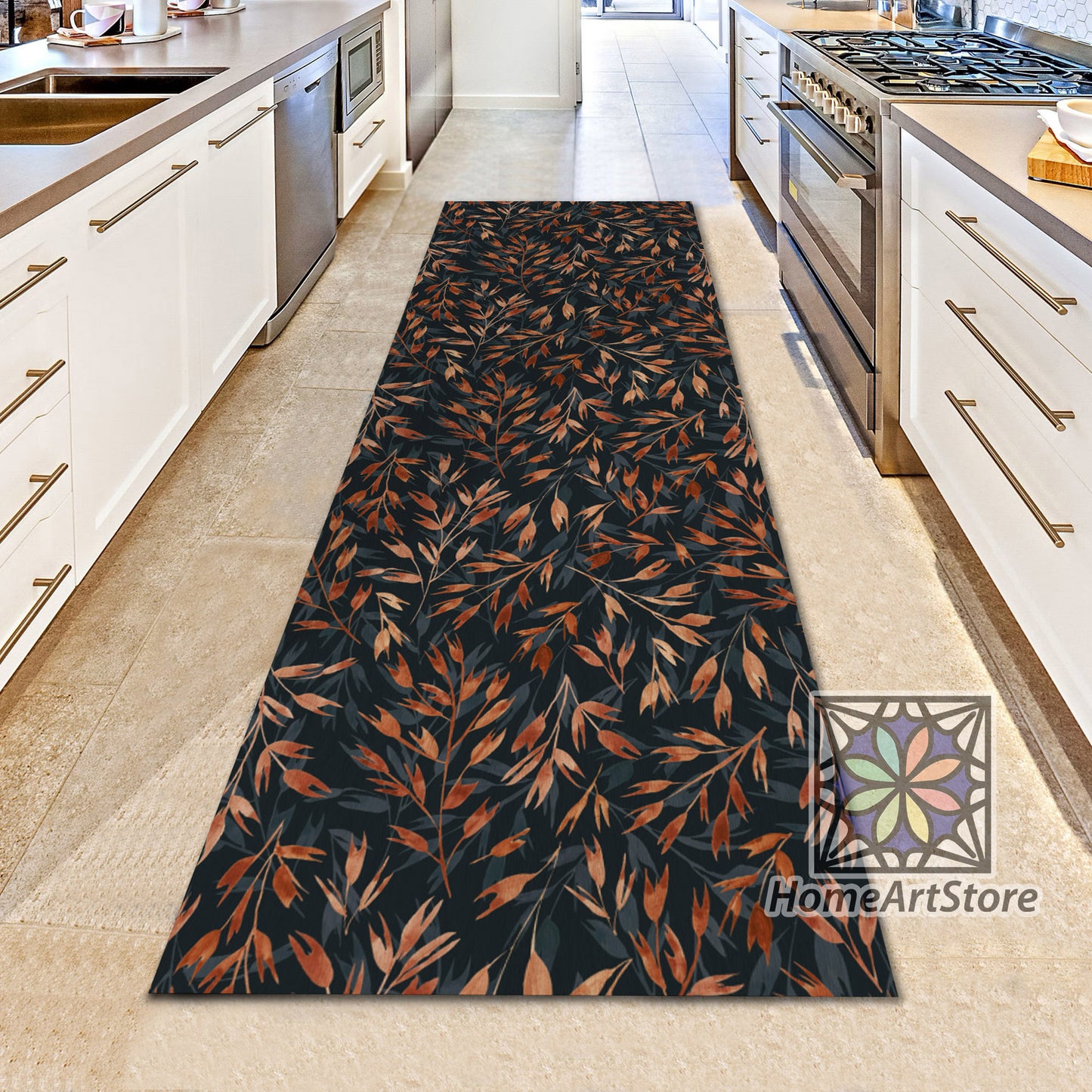 Leaves Pattern Runner Rug, Hallway Runner Carpet, Decorative Kitchen Runner Mat, Dried Leaves Themed Rug