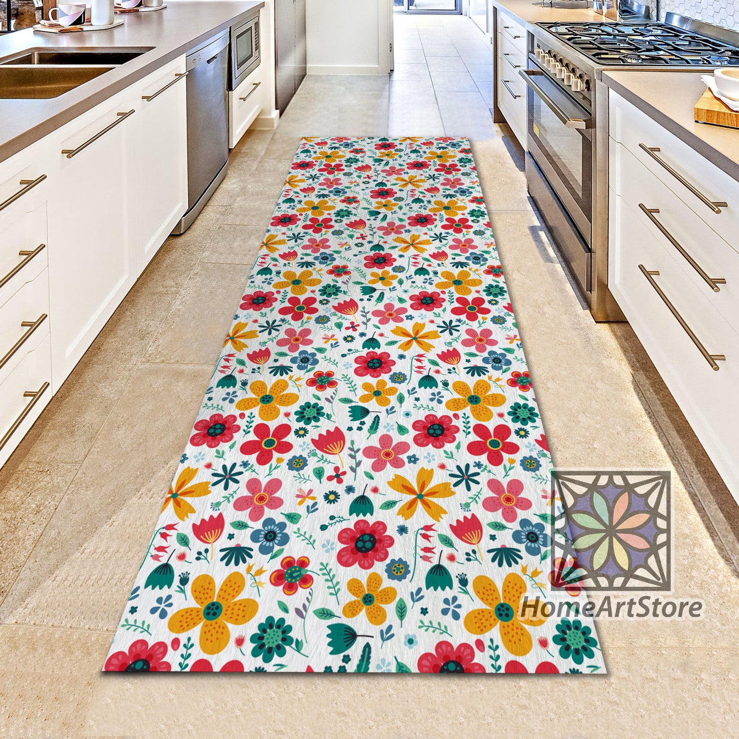 Colorful Floral Pattern Runner Rug, Modern Boho Decor, Flowers Pattern Kitchen Carpet, Bohemian Carpet