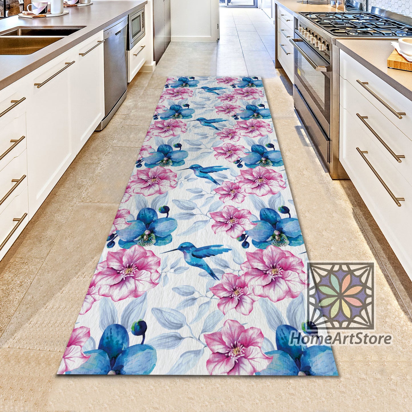 Blue Orchid Flowers Rug, Pink Floral Runner Carpet, Hallway Runner Mat, Modern Home Decor