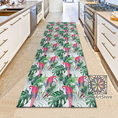 Exotic Floral Runner Rug, Parrot Themed Carpet, Tropical Pattern Runner Mat, Bohemian Decor, Cool Hallway Runner Rug