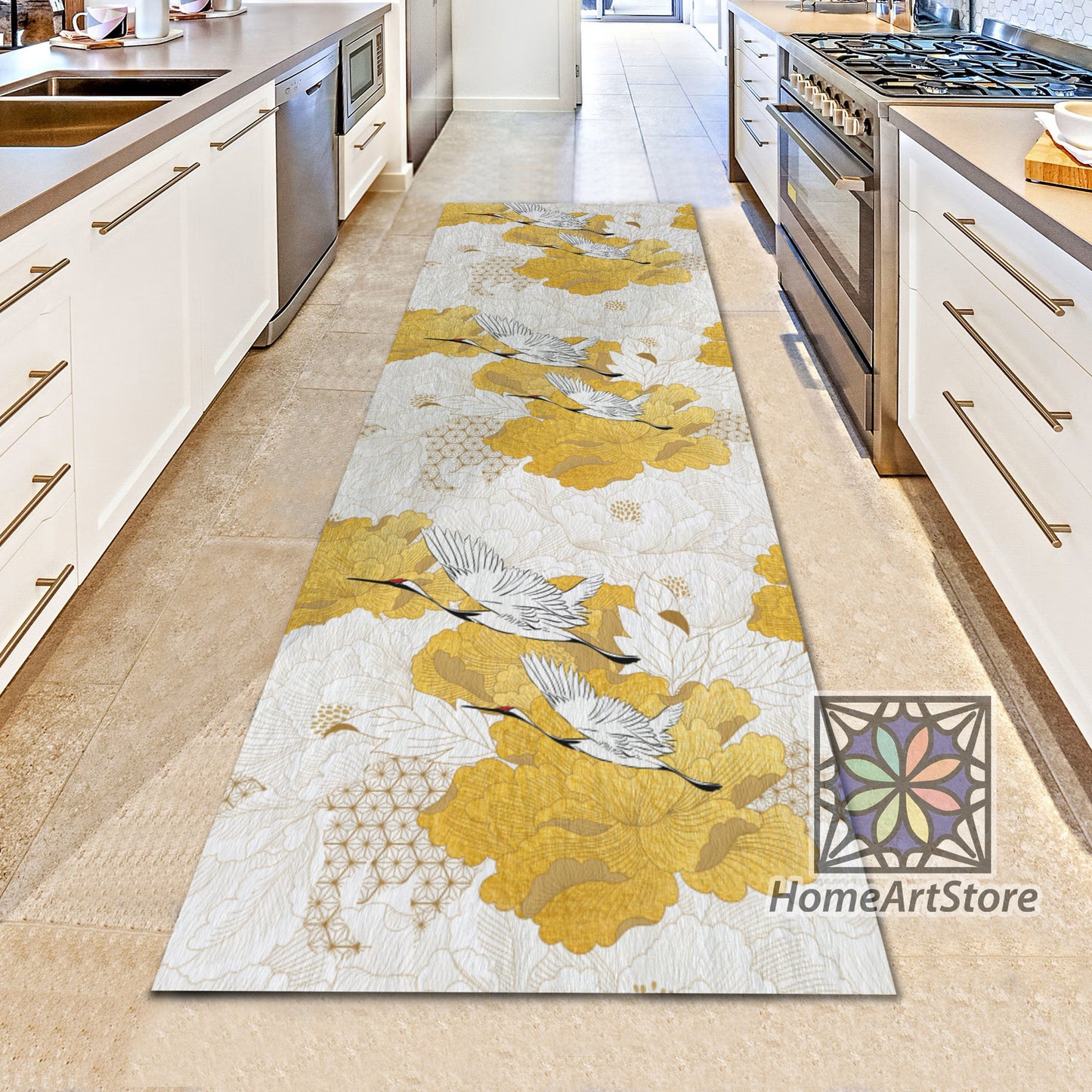 Gold Color Floral Rug, Retro Style Kitchen Runner Carpet, Abstract Mat, Crane Bird Rug