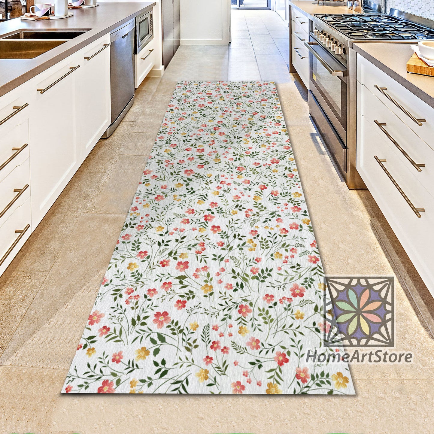 Flower Pattern Runner Rug, Boho Style Carpet, Bohemian Decor, Flower Runner Rug, Entryway Runner Mat