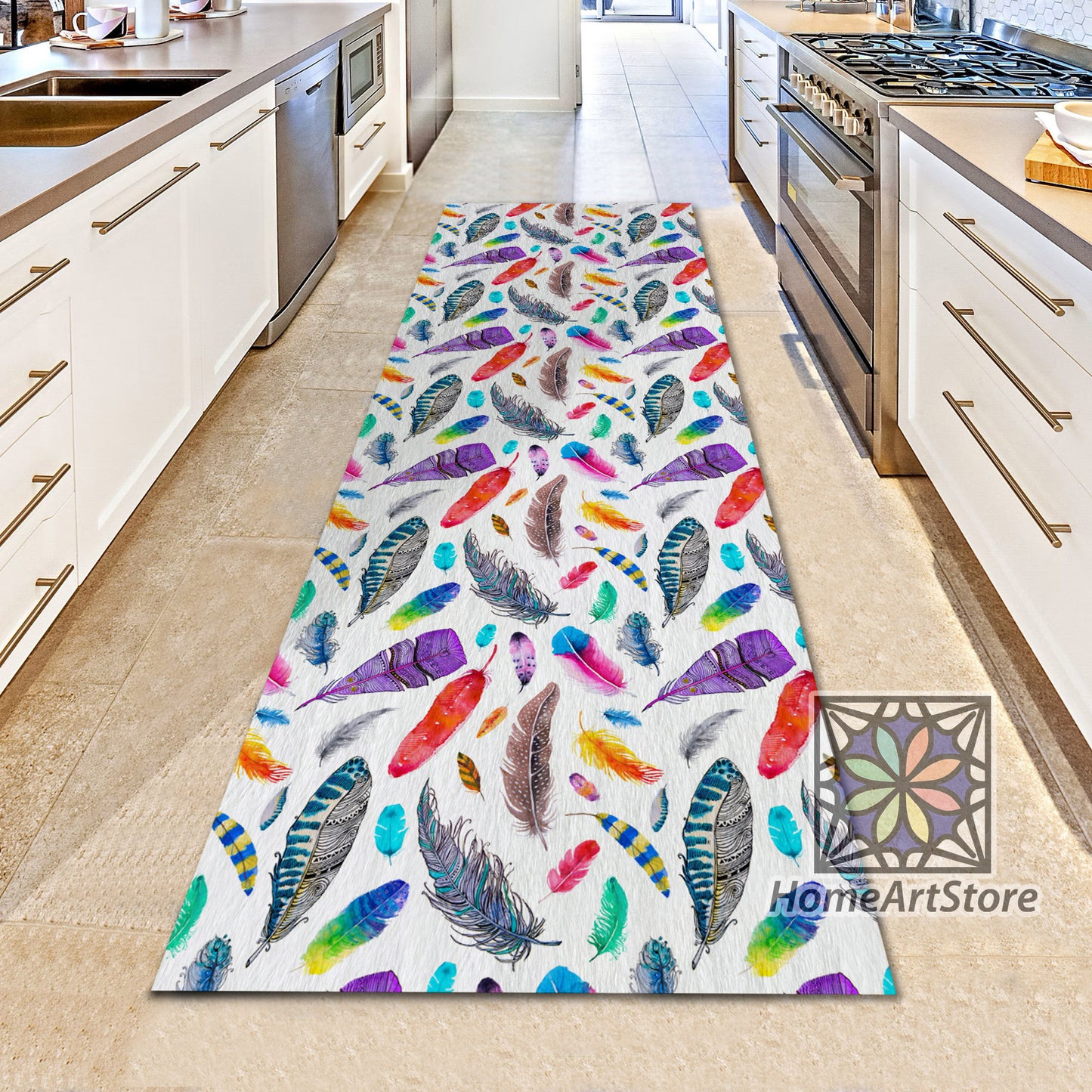 Colorful Feathers Runner Rug, Corridor Runner Rug, Cool Kitchen Carpet, Hallway Runner Mat