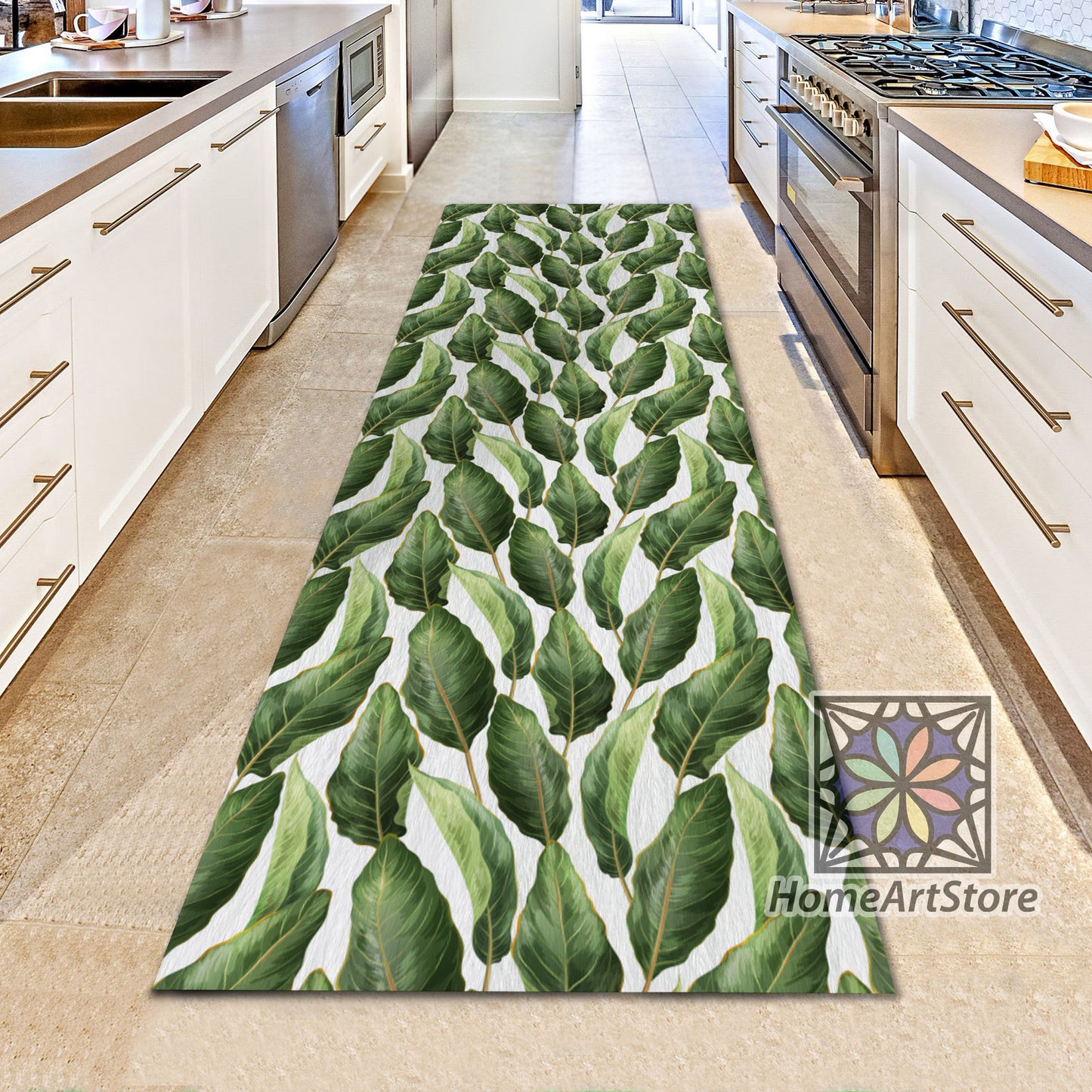 Palm Leaves Pattern Rug, Kitchen Boho Runner Rug, Green Color Leaf Carpet, Tropical Runner Rug, Hawaiian Decor