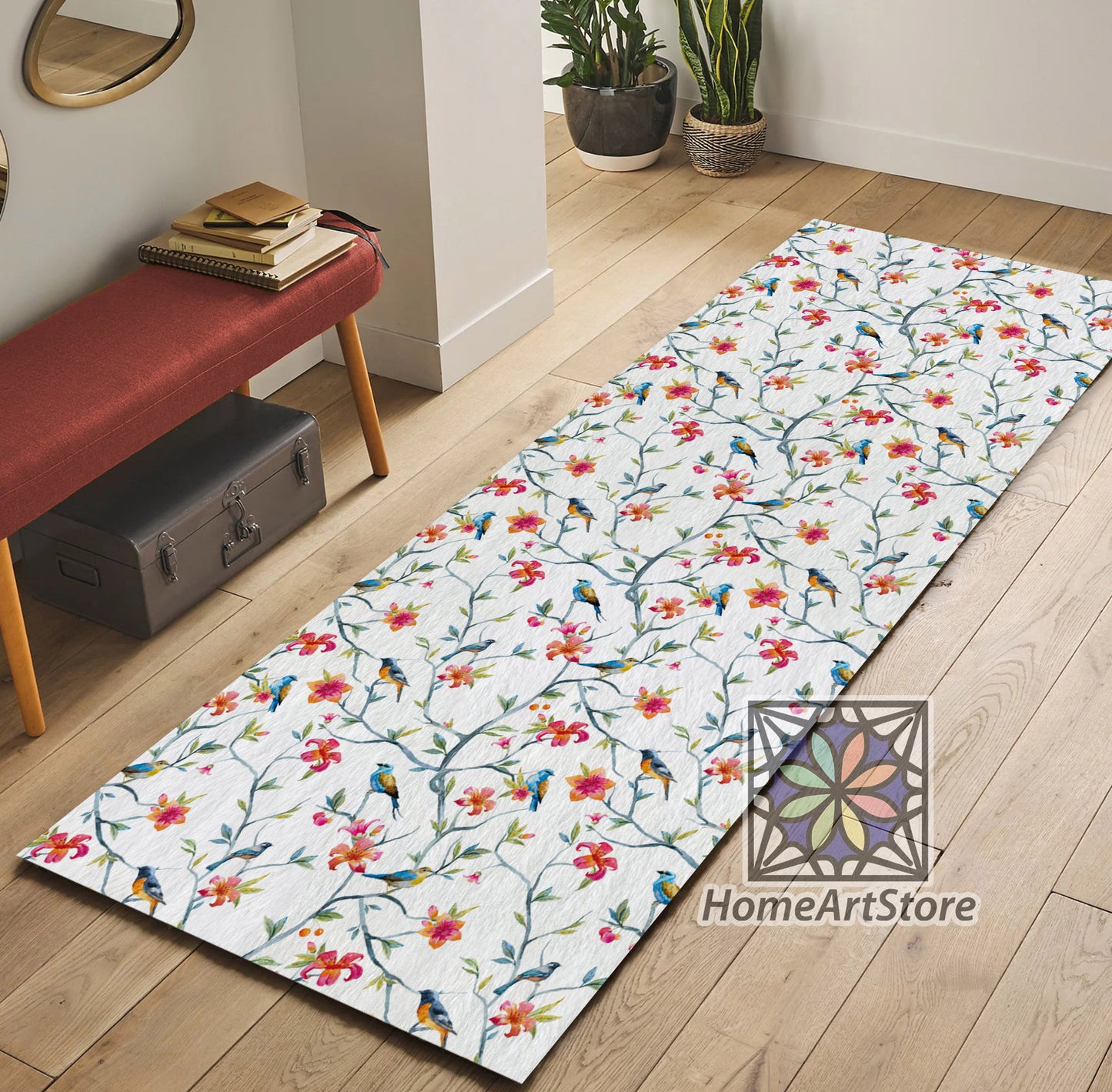 Floral Pattern Runner Rug, Watercolor Flower Carpet, Hallway Runner Rug, Birds Printed Runner Mat, Kitchen Runner Rug