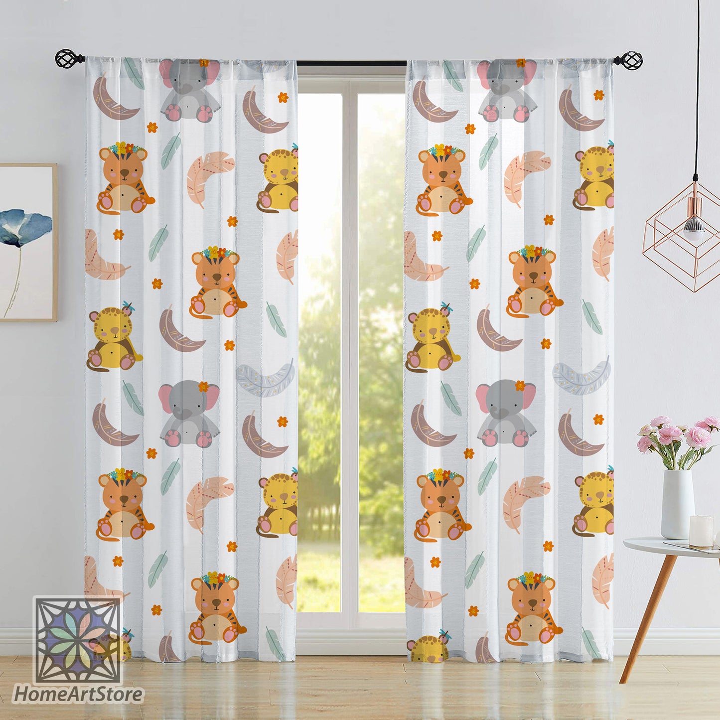 Safari Animals Zoo Themed Curtain, Feathers Patterned Curtain, Cute Baby Room Curtain, Nursery Decor, Newborn Gift