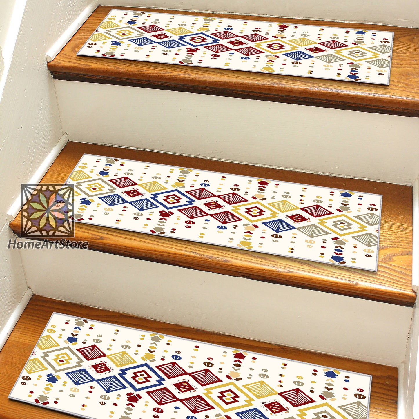 Colorful Scandinavian Stair Rugs, Ethnic Stair Step Mats, Bohemian Stair Decor, Washable Runner Rug