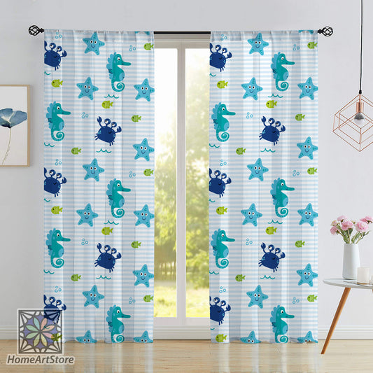 Cute Sea Animals Curtain, Blue Baby Curtain, Seahorse, Crab, Starfish Themed Curtain, Baby Boys Room Curtain, Ocean Decor