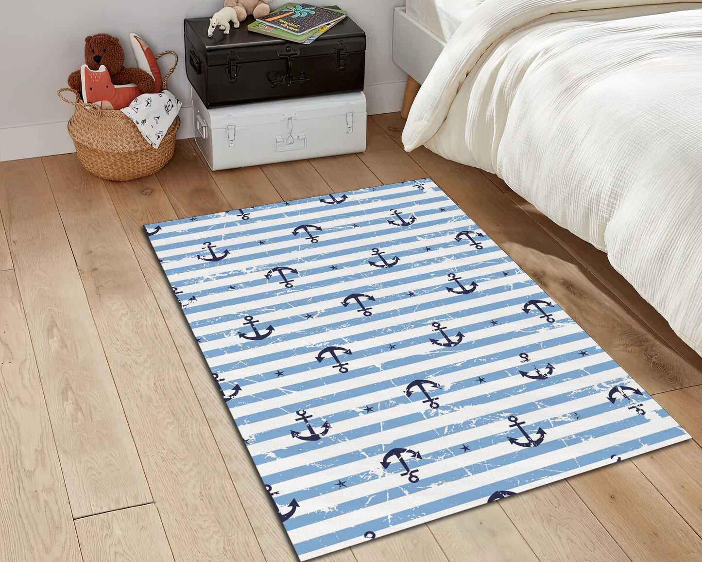 Sea Anchor Rug, Boys Room Rug, Striped Pattern Carpet, Nursery Play Room Mat, Baby Gift