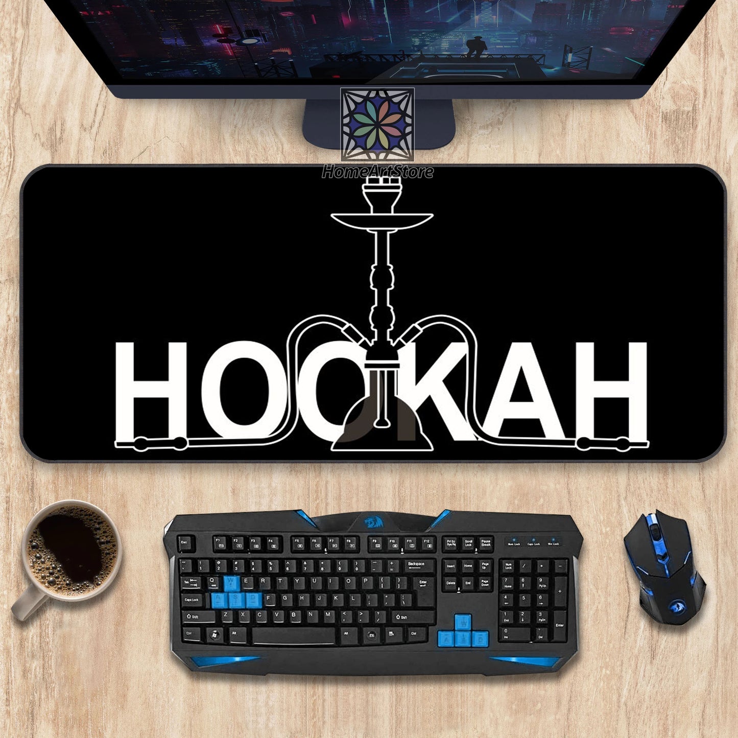Hookah Printed Desk Mat, Black Decorative Desk Pad, Cafe Hookah Mouse Mat, Cool Office Ultra Large Mouse Pad, Office Gift