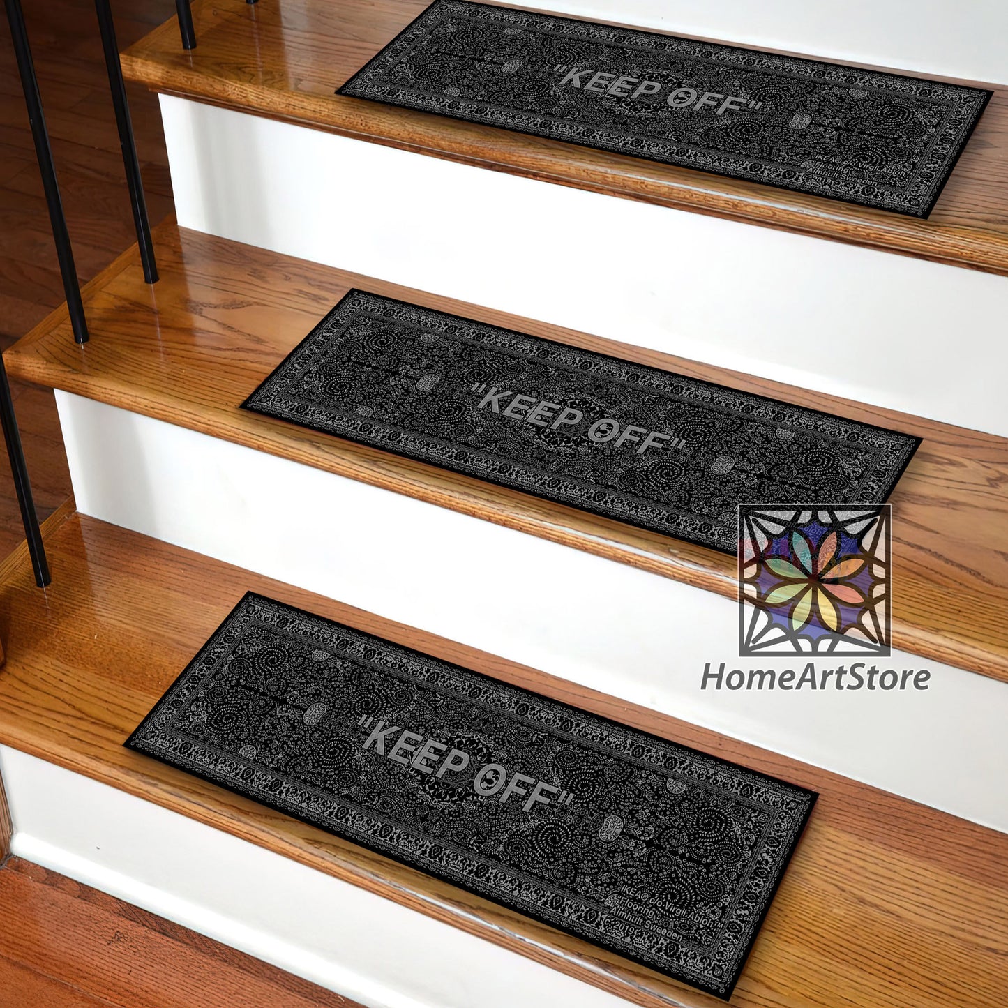 Keepoff Themed Stair Rugs, Black and Silver Keep Off Stair Step Rugs, Hypebeast Decor, Street Fashion, Sneaker Stair Rugs