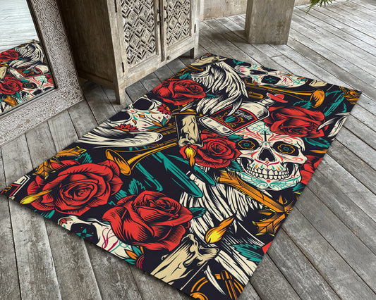 Skull Rug, Red Rose Gothic Room Carpet, Horror Mat, Scary Decor, Alcohol Themed Rug