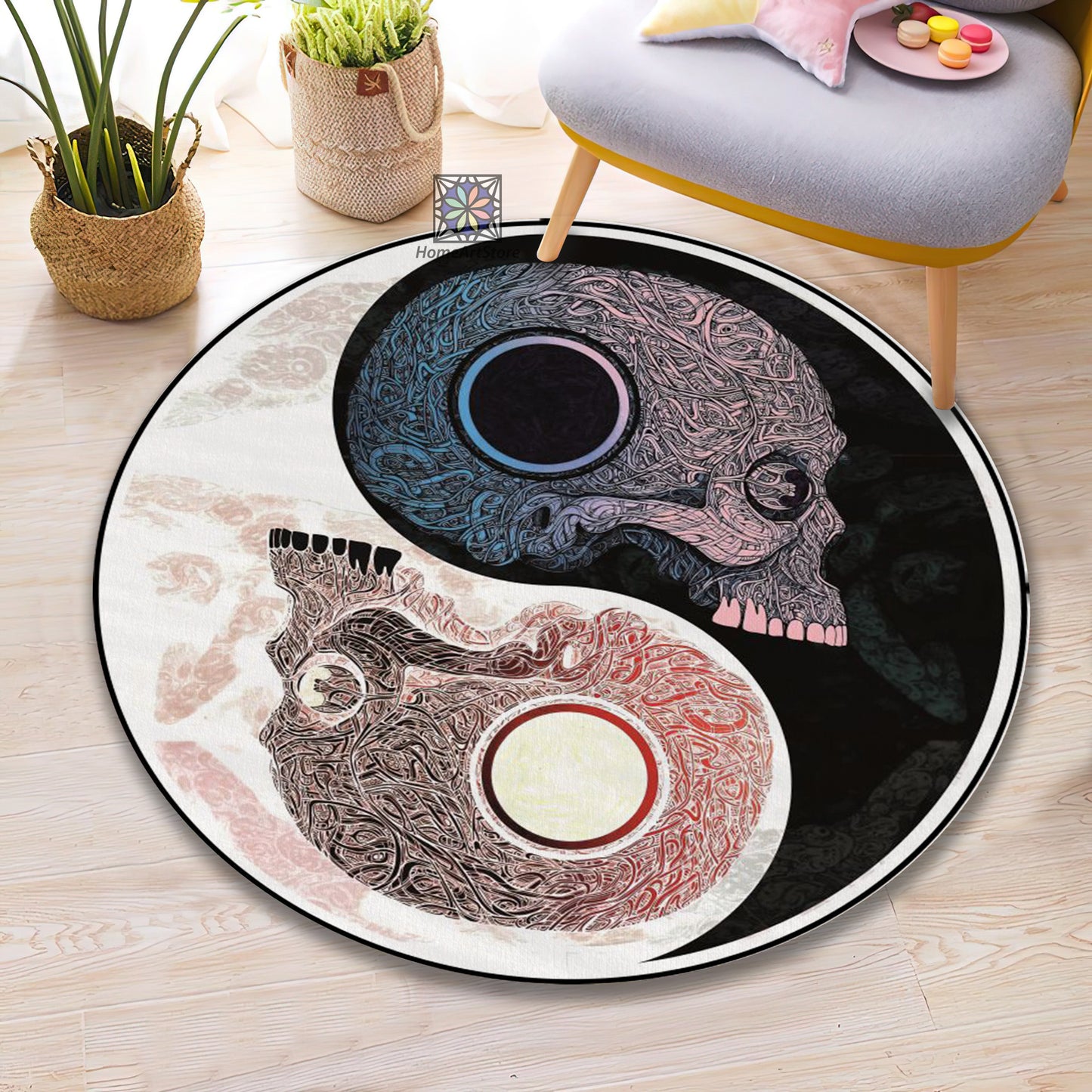 Skull Ying Yang Rug, Yoga Mat, Mediation Carpet, Horror Decor, Entryway Rug