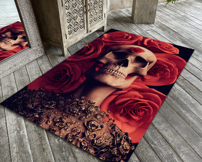 Skull Themed Rug, Red Rose Gothic Carpet, Horror Mat, Gothic Room Decor, Scary Rug