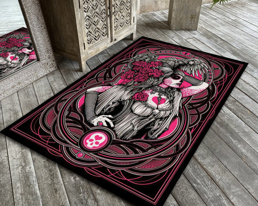 Pink Gothic Gril Rug, Skull Carpet, Horror Decor, Pink Rose Mat, Gothic Room Rug