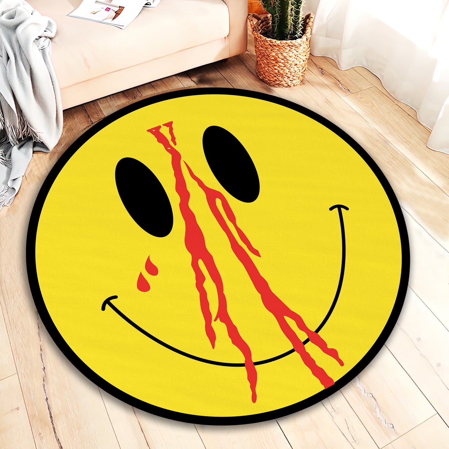 Smiley Face Printed Rug, Emoji-Themed Carpet, Teenage Room Mat, Happy Emoticon Floor Cover Decor