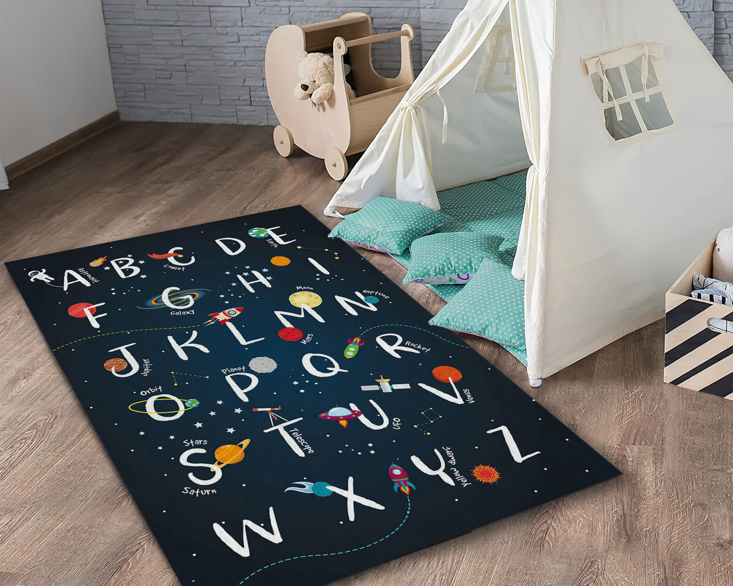 Space Themed Kids Rug, ABC Carpet, Galaxy Mat, Alphabet Carpet, Children Room Rug, Space Decor