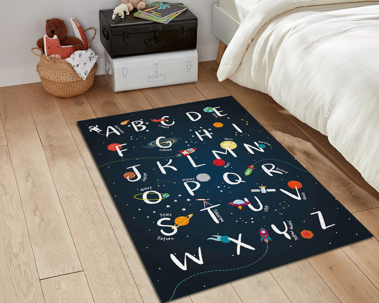 Space Themed Kids Rug, ABC Carpet, Galaxy Mat, Alphabet Carpet, Children Room Rug, Space Decor