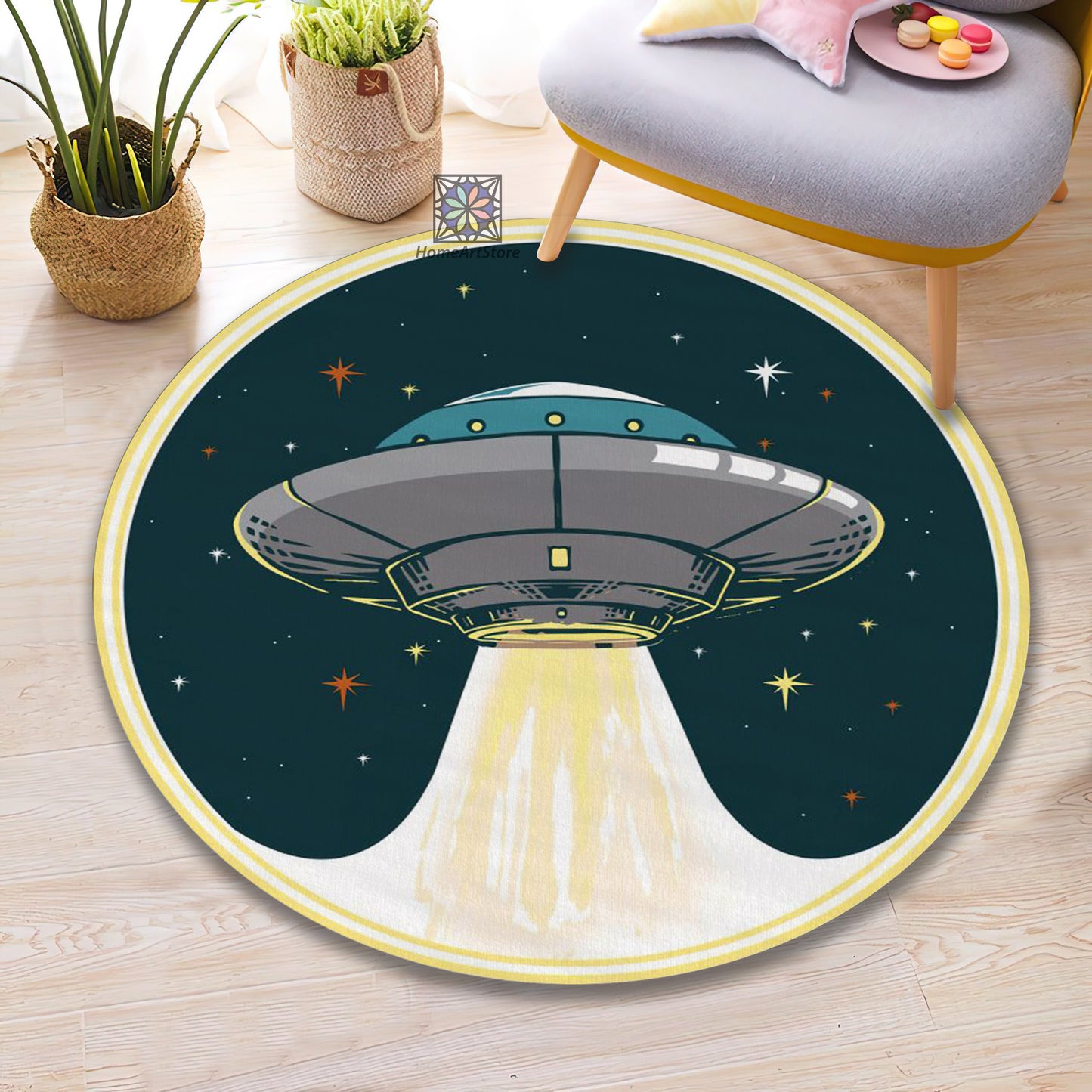 UFO Themed Rug, Space Room Carpet, Spacecraft Mat, Kids Room Rug, Nursery Play Mat