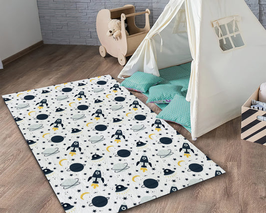 Rocket Pattern Rug, Kids Room Carpet, Galaxy Decor, Nursey Mat, Moon, Planets, Stars Themed Rug