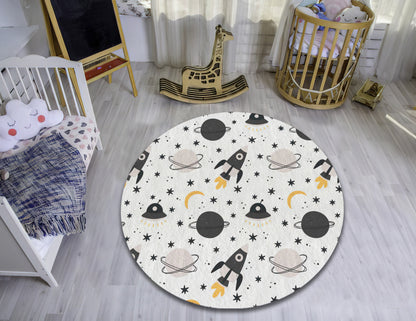 Kids Space Pattern Rug, Baby Room Carpet, Galaxy Round Mat, Nursey Play Rug, Moon, Baby Gift