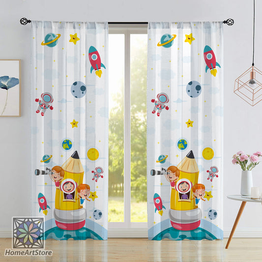 Space Themed Curtain, Cute Nursery Curtain, Galaxy Pattern Curtain, Kids Room Curtain, Baby Room Decor, Astronaut, UFO, Planets