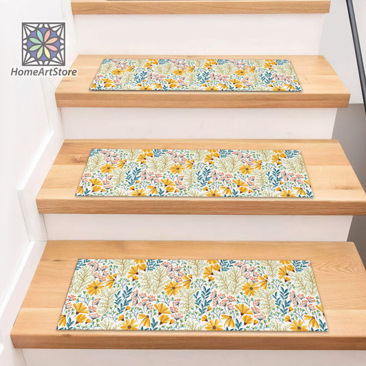 Spring Flowers Pattern Stair Rugs, Bohemian Stair Treads Carpet, Non-Slip Backing Runner, Boho Stair Mats