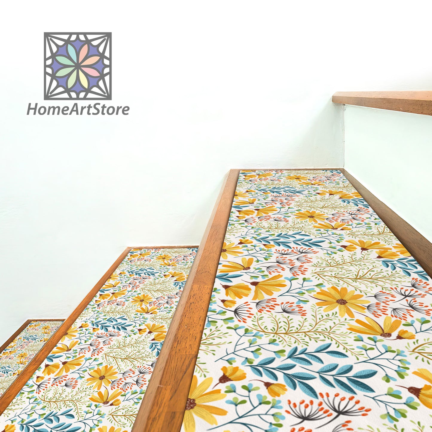 Spring Flowers Pattern Stair Rugs, Bohemian Stair Treads Carpet, Non-Slip Backing Runner, Boho Stair Mats