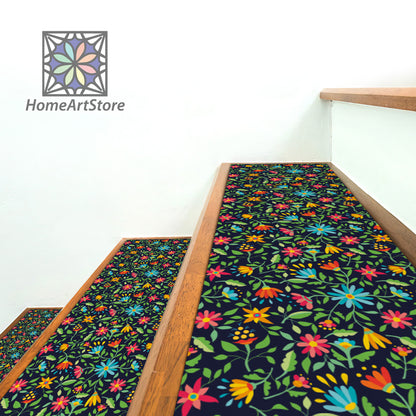 Colorful Floral Stair Rugs, Boho Stair Mats, Non-Slip Stair Treads Carpet, Flower Pattern Stair Mat, Machine Washable