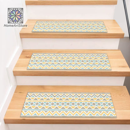 Geometric Tribal Motifs Stair Rugs, Ethnic Stair Tread Carpet, Boho Style Step Mats, Non-Slip Stair Rugs