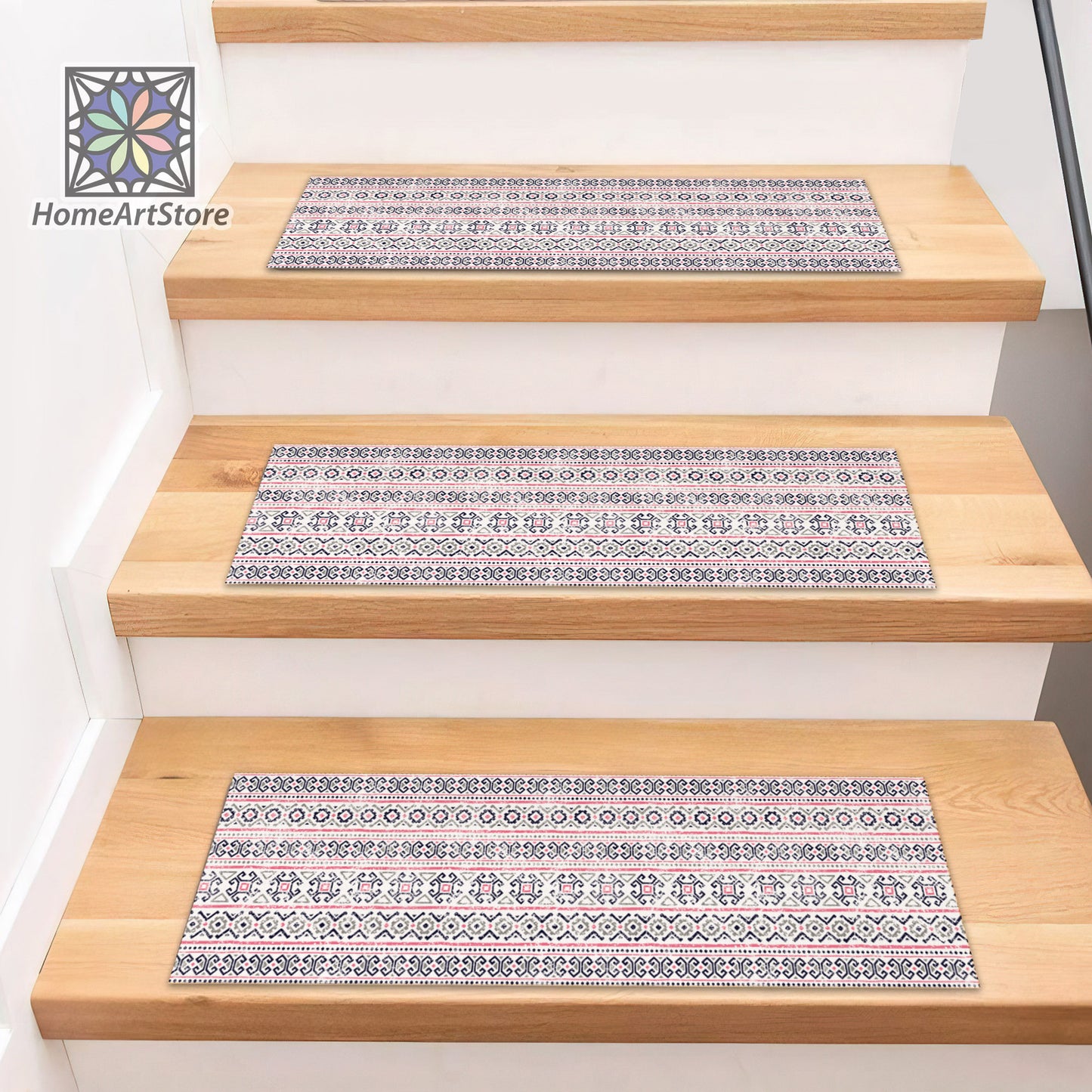 Striped Geometric Stair Rugs, Boho Style Stair Treads Carpet, Non-Slip Backing, Bohemian Stair Mats, Home Decor