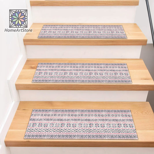 Striped Geometric Stair Rugs, Boho Style Stair Treads Carpet, Non-Slip Backing, Bohemian Stair Mats, Home Decor