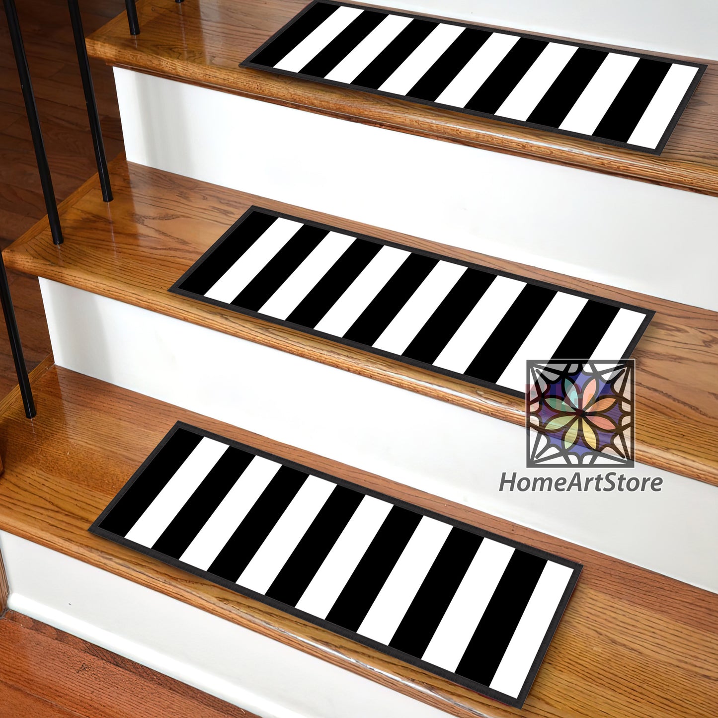 Striped Stair Step Rugs, Black and White Stair Mats, Modern Decorative Stair Carpet, Entryway Décor