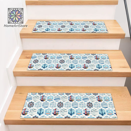 Stylish Stair Rug, Coastal Seaside House, Marine Decor, Blue Color Stair Tread Mat, Boho Style Step Mat