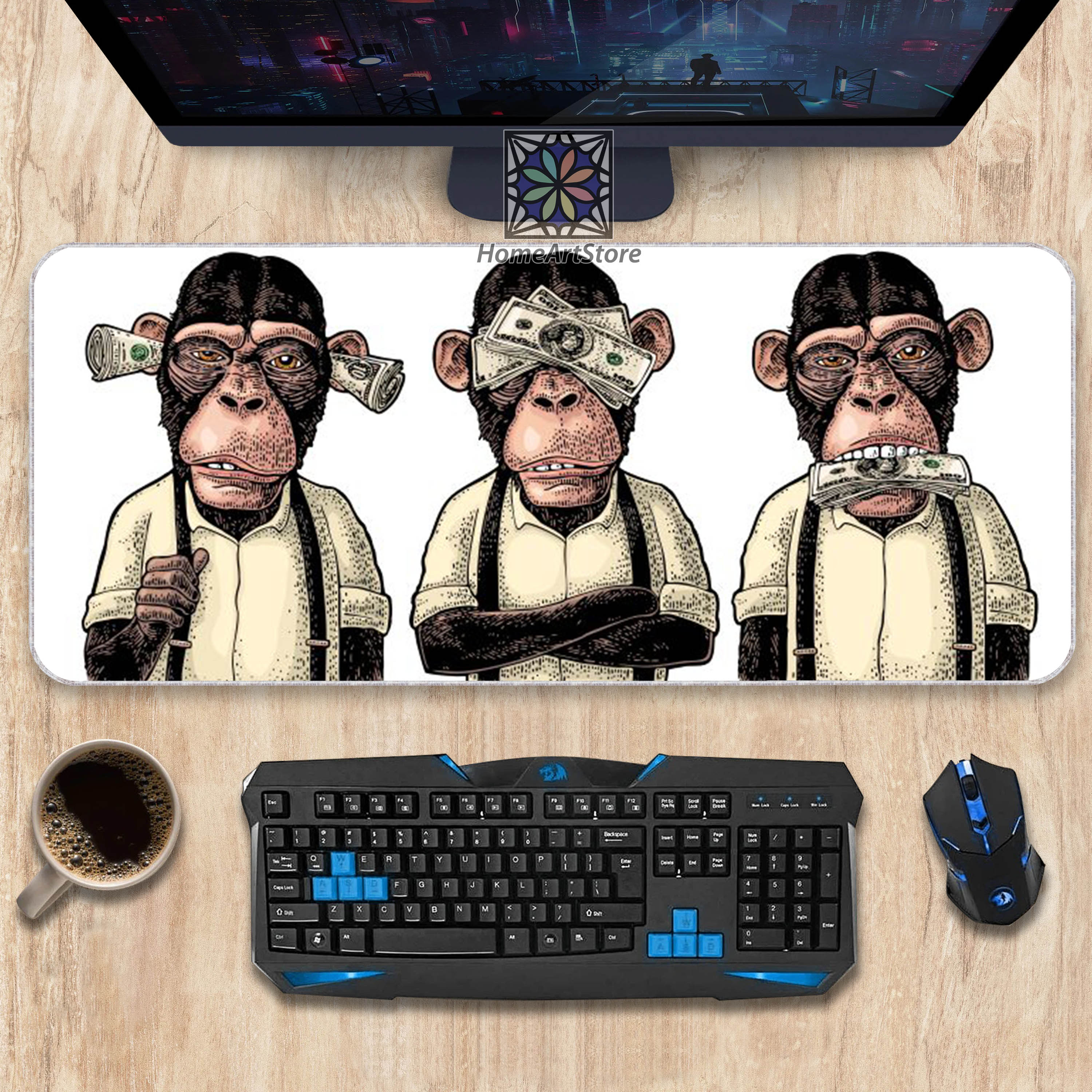 Three Wise Monkey Themed Desk Mat, Funny Monkey Mouse Mat, Animal Prin ...