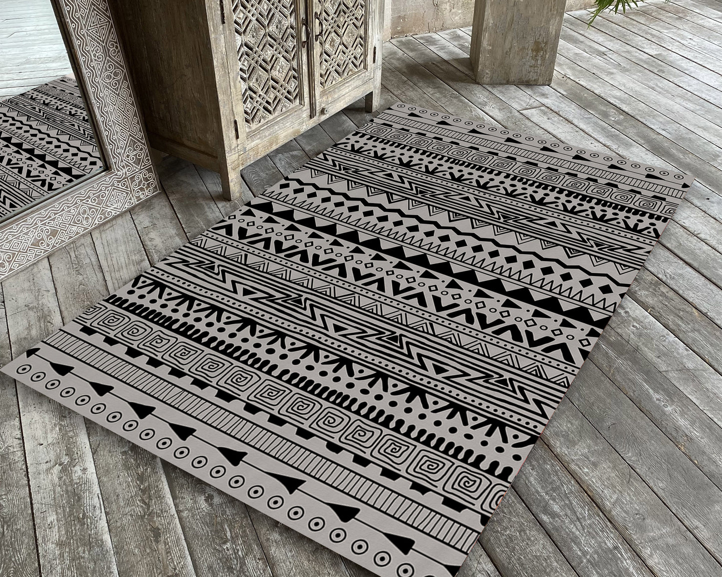Ethnic Rug, Black and White Tribal Carpet, Aztec Decor, Living Room Mat, Bohemian Rug