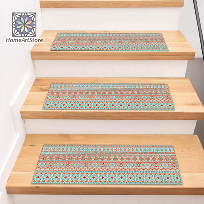 Geometric Stair Step Rugs, Tribal Motif Pattern Stair Rugs, Modern Stair Tread Mats, Stylish Step Carpet