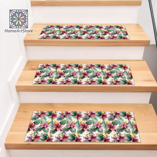 Tropical Flower Pattern Stair Step Rugs, Colorful Bohemian Step Mats, Nonslip Washable Stair Tread Carpet, Floral Step Mats