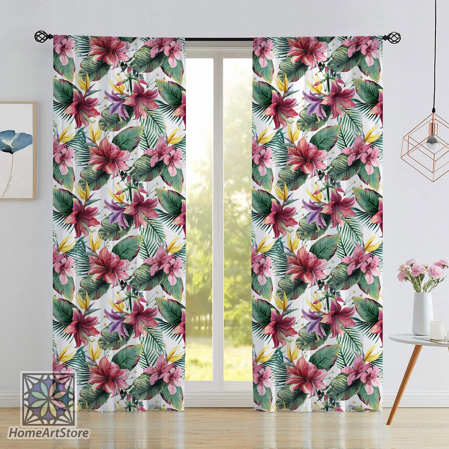 Watercolor Tropical Flowers Curtain, Leaves Themed Curtain, Scandinavian Floral Curtain, Kitchen Curtain, Botanic Decor