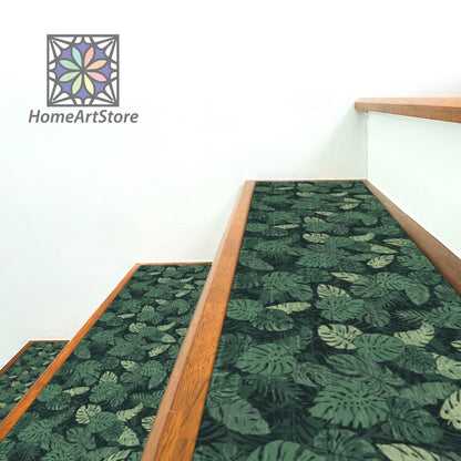 Green Tropical Palm Leaves Stair Rugs, Modern Stair Tread Carpet, Abstract Stair Step Mats, Botanic Decor