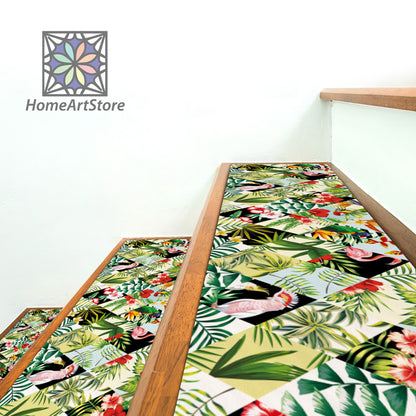 Animal and Plant Stair Rugs, Tropical Stair Carpet, Hawaii Decor, Non-Slip Backing Mats, Geometric Stair Carpet