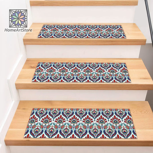 Turkish Style Stair Step Rugs, Ottoman Motif Pattern Stair Mats, Authentic Step Carpet, Boho Decor