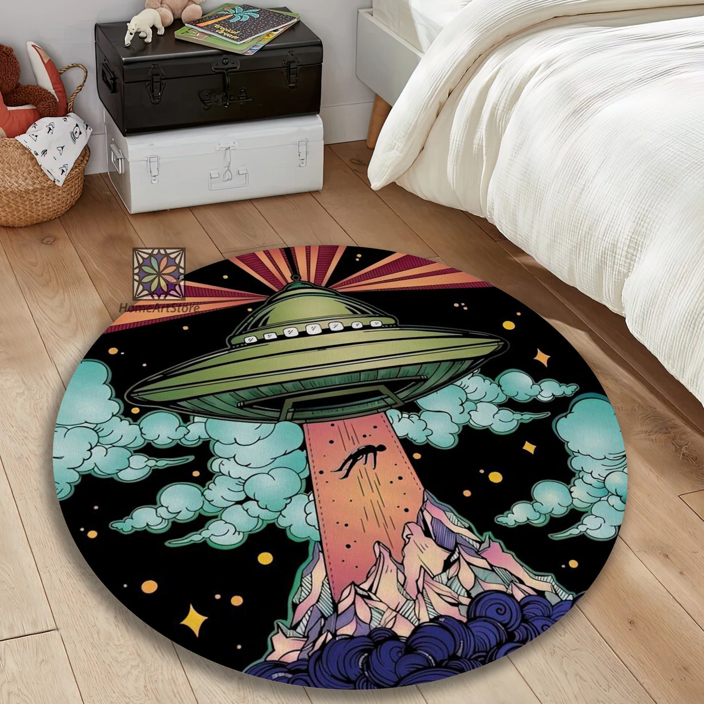 Colorful Space Rug, UFO Carpet, Children Room Carpet, Spacecraft Decor, Galaxy Mat