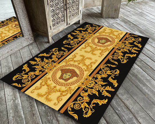 Versace Logo Rug, Luxury Versace Carpet, Gold Color Italian Fashion Decor, Greek Key Rug