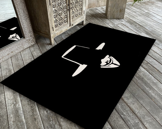 V for Vendetta Mask Rug, Guy Fawkes Carpet, Movie Room Mat, Black Mask Logo Rug, Movie Gift